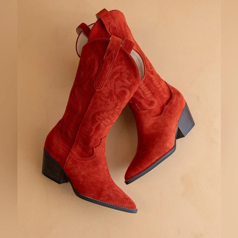 Mid-Calf Embroidered Suede Western Boots - Oasis Society - Picture 5 of 5
